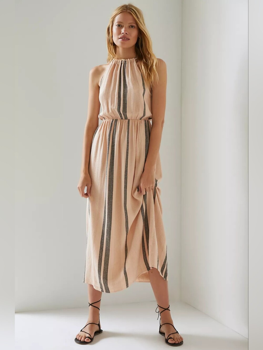 Cloth & Stone Striped Linen Blend Halter Maxi Dress Peach Pink Medium
